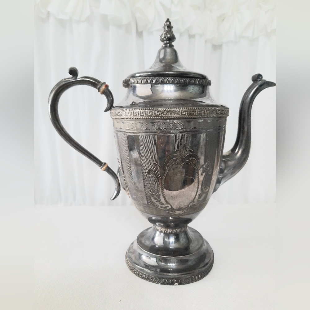 Vintage Tea kettle Asian Crest 11.5" High Silver Plated Kitchen Collectable